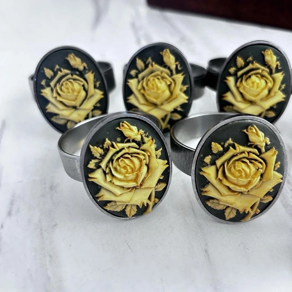 Vintage‎ Ivory Rose on Blue Background Stainless Steel Napkin Rings Lot of 8 AAA